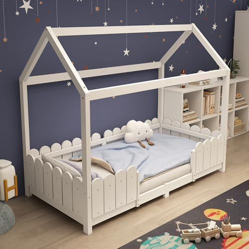 KAZZIO Hausbett-vielseitiges Holz 90x200cm, Kinderbett für Jungen & Mädchen - Mit Rausfallschutz und Lattenrost–Weiß (Ohne Matratze)