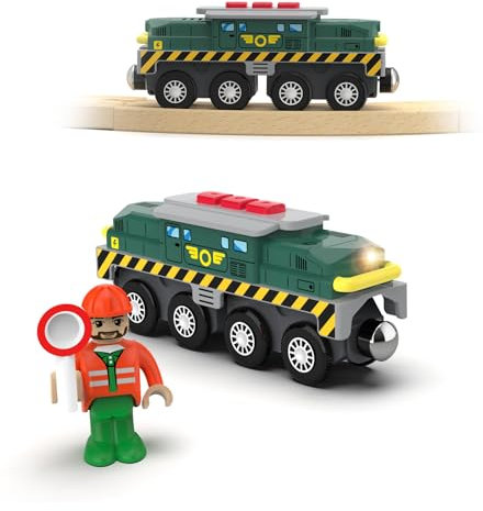 Electric Train Toys for Wooden Tracks, Green Tank Battery Operated Locomotive with Magnetic Trains, Motorized Train for Kids Compatible with Thomas & Friends, Brio, Chuggington
