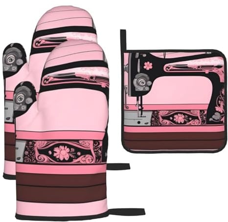 HYTTER Kitchen Baking Sets of 3 - Waterproof Fabric Oven Mitts and Pot Holders with Hanging Rope Design Vintage Pink Sewing Machine Pattern