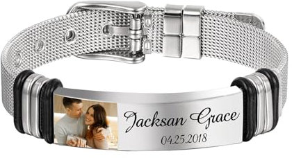 Kiddo Sky Silber Personalisiertes Armband für Papa Männer mit Eingraviertem Foto Namenstext Herren-Bildarmband aus Edelstahl Personalisierte Gedenkgeschenke für Vater Geburtstag Jahrestag Ehemann