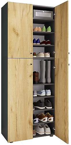 VCM Holz-Schuhschrank, Maße: B. 70 x H. 184 x T. 40 cm, Allzweckschrank, 9 Fächer, 4 Drehtüren - Lona