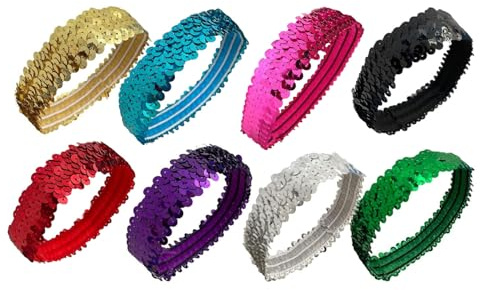 ZEACCT Lot de 8 bandeaux pailletés réglables, accessoires extensibles multicolores, style disco (femmes et filles)
