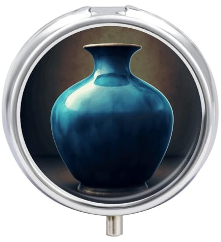 Blue Vase Round Pill Box Travel Portable Pill Case 23 Compartment Medicine Metal Tablet Vitamin Holder Organizer for Purse Pocket