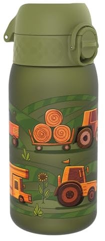 ION8 Botella de Agua para Niños, 350ml, a Prueba de Fugas, Fácil de Abrir, Cerradura Segura, Apta para Lavavajillas, Sin BPA,Asa de Transporte, Fácil de Limpiar, Neutro en Carbono, Máquinas Agrícolas