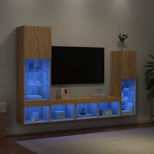 Brokky 4-TLG. Wohnwand mit LED-Beleuchtung Wohnwand Wohnzimmer MöBel Wohnzimmer Fernsehwand Wohnzimmerschrank Sonoma-Eiche Holzwerkstoff