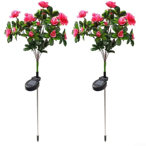Conjunto de 2 rododendros solares lámparas para jardín resistente a la intemperie LED flor postes para decoración al aire libre (rosa)