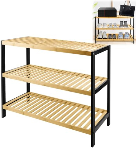 Xinng 3-Tier Bamboo Shoe Rack – Natural & Sturdy Design, Easy Assembly, Large Capacity Shelf Organizer for Shoes & Plants – Fits Hallway, Bedroom, Bathroom, Corridor & Small Spaces (Holds 12 Pairs)