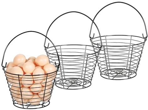OGANAZI 3 Pack Black Round Wire Egg Baskets Metal Egg Holder Storage for Kitchen Collecting Basket Wire Basket with Handle