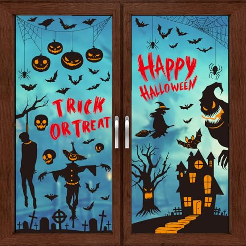 87 Stück Halloween Fensterbilder Selbstklebend, 9 Blatt Halloween Deko Fenster Window Stickers Aufkleber Geister Fensterabziehbild für Haus Party Laden Fenster Glas Anzeige Dekoration