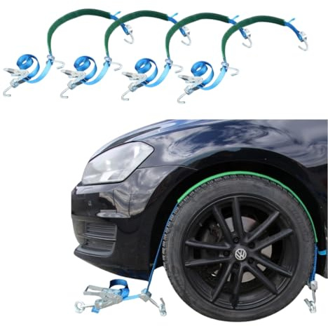 Zurrgurt 35 mm, 4 Stück, 1-teilig, Radsicherung mit Grippschlauch | Spanngurt, Reifengurt, Autotransport PKW