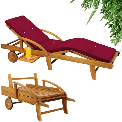 Casaria Sonnenliege mit Rädern, inkl. Auflagentisch für Getränke, Rot | 195x55cm, klappbar, bis 160 kg belastbar, 4-fach Rückenlehne, 3-fach Fußteil, 2 Rollen, für Garten & Terrasse