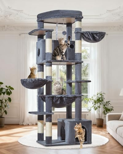 Taoqimiao 182 cm Kratzbaum XXL, Stabil, Groß, Katzenbaum für Katzen, F20G | Mehrstöckig, Innen, Für Mehrkatzen, Einfache Montage, 2 Häuser, Hängematte, Große Plattform, 7 Säulen, 2 Körbe, Rauchgrau