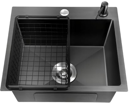 Fregadero de acero inoxidable negro – Fregadero de cocina con escurridor y dispensador de jabón – Juego para bajo encimera/empotrable/accesorio (41 x 30,5 cm) – Inodoro y insonorizante