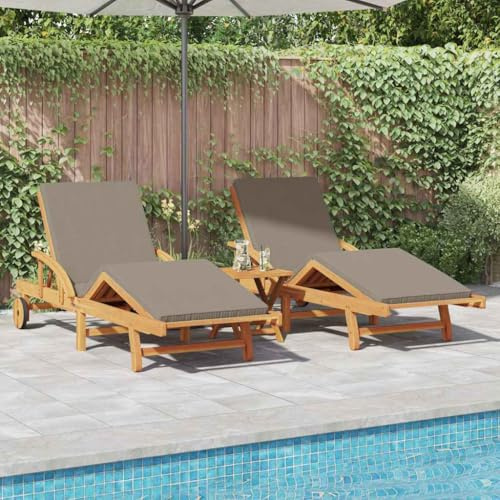 QUAHEAS Sonnenliege 3-teilig Taupe Massivholz Akazie, Gartenliege Verstellbar mit Kissen, 40x40x40cm Outdoor Lounge Stuhl Set für Terrasse & Pool