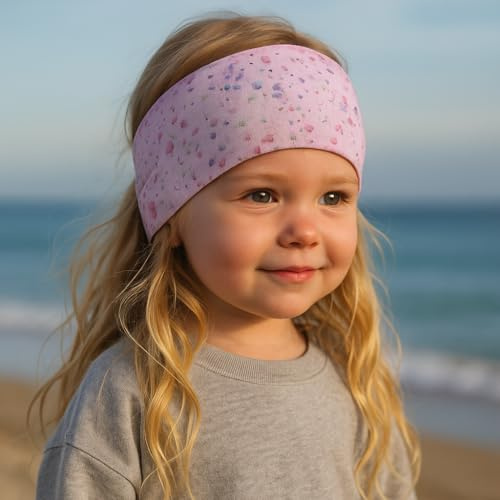 Wollhuhn ÖKO MINI Kinder Breites Elastisches Stirnband/Haarband Deutsche Herstellung Bequem Baumwolle (KU 48-52) (Aquarell Blümchen Rosa)