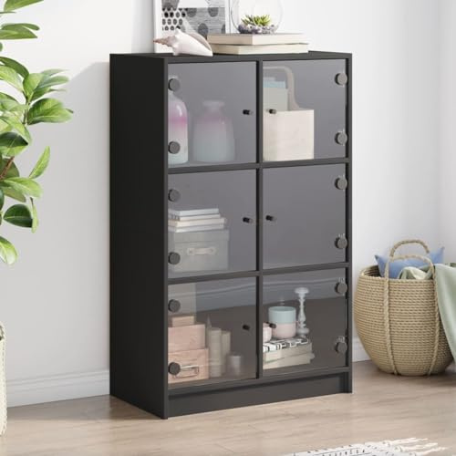 GeenYuu Highboard mit Türen, Schwarz, 68x37x109 cm, Holzwerkstoff, 6 Fächer, Stauraum für Bücher & Deko, modernes Sideboard für Wohnzimmer, Flur