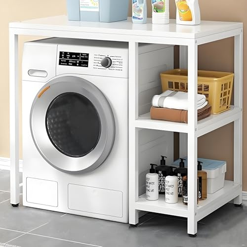 OAKVYNE Ripiano Per Lavatrice A Tamburo, Mensola Per Lavanderia A 3 Livelli, Con Ripiano Laterale, Ripiani Per Lavanderia Salvaspazio, Supporto Organizer Per Lavatrice.(White panel+white frame)