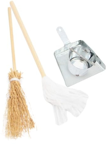 Veemoon Balai, Pelle à Poussière, Seau en Fer et Accessoires en Résine et Bois, Kit de Nettoyage Décoratif pour Décor Miniature Réaliste