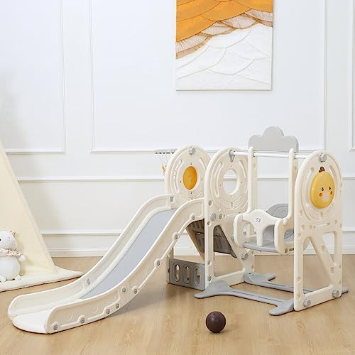Baby Vivo Kinderrutsche - für Indoor & Outdoor - Gartenrutsche Kinder Rutsche Kleinkinderrutsche mit Basketballkorb und Ball Kunststoff Quacki abgerundete Ecken & Kanten in Weiß/Beige
