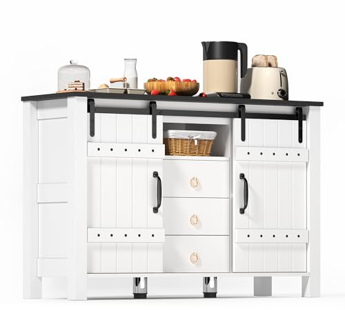 Merax Sideboard, Küchenschrank mit Arbeitsplatte, Kücheninsel mit 2 Schiebetüren, 3 Schubladen und 1 Offenem Regal, Aufbewahrungsschrank für Küche, Esszimmer, Wohnzimmer, 120x40x80cm (Weiß)