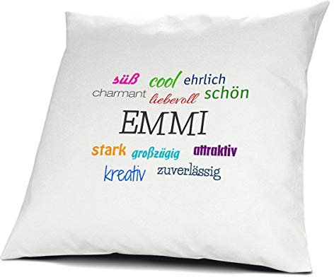 printplanet Kopfkissen mit dem Namen Emmi, Kissen mit Füllung - Positive Eigenschaften, 40 cm, 100% Baumwolle, Kuschelkissen, Liebeskissen, Namenskissen, Geschenkidee