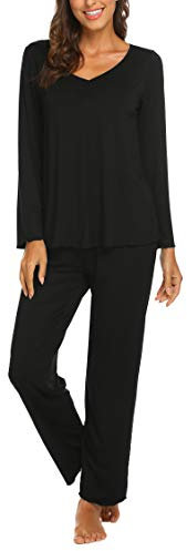 MAXMODA Schlafanzug Damen Lang Pyjama Set Langarm Nachtwäsche Winter Schlafanzüge Zweiteiliger, Schwarz L