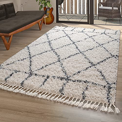 TT Home Rug Living Room Shaggy Modern Diamond Pattern Deep Pile Diamonds in Cream Blue, Size:200x290 cm