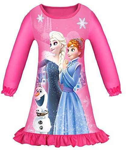 Monissy Robe Pyjama de Nuit Col Rond Manches Longues Bas à Volants Princesse Fille Chemisier Longue Reine de Neiges Elsa Anna Olaf Imprimé Eté Nouveau Style,Rose,140