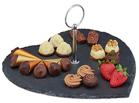 Relaxdays Plato de Pizarra Negra, Forma Corazón, Asa, Tabla de Quesos, Bandeja, Sushi, Embutido, San Valentín, Antracita, Hierro, 1 Unidad