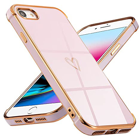 DEFBSC Case for iPhone SE(5G) 2022/iPhone SE 2020, iPhone 7/iPhone 8,Fashion Cute Love Heart Shape Plating Edge Silicone Case Shockproof Soft TPU Back Cover Protective Case with Heart Pattern- Purple