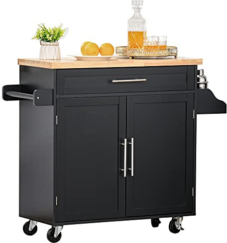 HOMCOM Carrito de Cocina con Armario con Puertas y Estante Interior Ajustable Cajón Barra y Especiero Móvil Aparador Auxiliar con Ruedas para Comedor 109x40x89 cm Negro