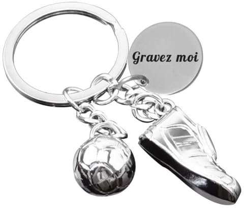 Porte-clés Ballon Et Chaussure De Football Argenté Gravure Personnalisée Sur Médaille