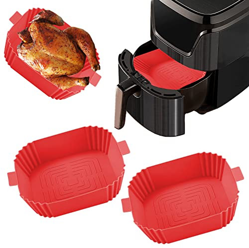 2PCS Silicone Air Fryer Liners for Tower Air Fryer, Reusable Silicone Air Fryer Liners Square Basket, Air Fryer Accessories for Ninja, Cosori (Red)