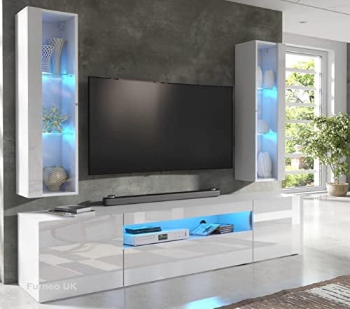 Furneo ArtClif8 – High Gloss & Matt White Living Room Set, TV Stand and Display Cabinets, Blue LED Lights