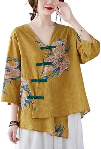 The Princess Bride Hanfu Chemisier ample en lin à manches 3/4 et col en V avec boutons grenouille chinoise d'été A2, jaune, L