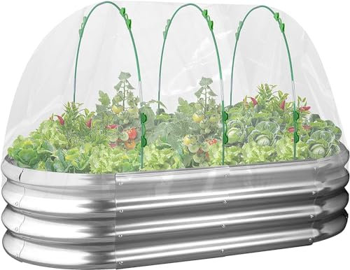 4 x 2 x 1 Ft Galvanized Raised Garden Bed with Greenhouse- Metal Oval Planter Box Kit with Greenhouse Cover- Outdoor Planter Garden Box Kit for Gardening Vegetables Fruits Flowers