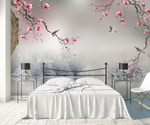 Papier Peint Panoramique 380x255cm Oiseau Fleuri Rose Papier Peint Intissé 3D Murale Tableaux Muraux Tapisserie Salon Chambre Chambre