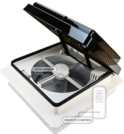 Airtaxi Ventola di ventilazione per camper con telecomando e sensore pioggia, funzionamento silenzioso 25 dB, durata di 35000 ore, 1170 CFM, misura universale, 35,6 x 35,6 cm, durata di livello