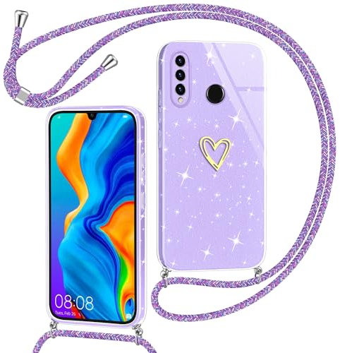 Yichxu Handyband für Huawei P30 Lite Hülle mit Band, Glitzer Herz Silikon Handyhülle Kordel zum Umhängen, Schutzhülle mit Kette TPU Gel Stoßfest Necklace Handy Hülle für Huawei P30 Lite, Lila