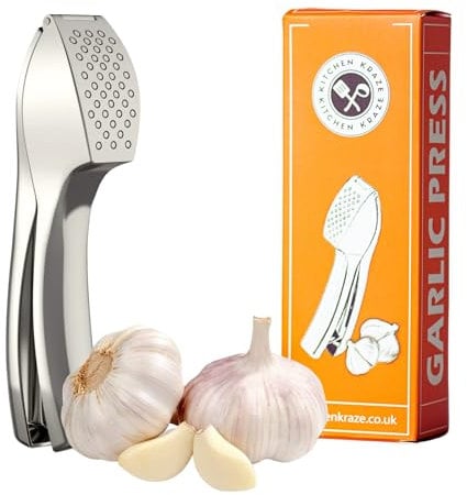 Kitchen Kraze © Premium Stainless Steel Garlic Press with Gift Box - Effortless Garlic Crusher for Cooking Lovers, Dishwasher Safe, Easy to Clean, No Peel Needed, Crushes Multiple Cloves.