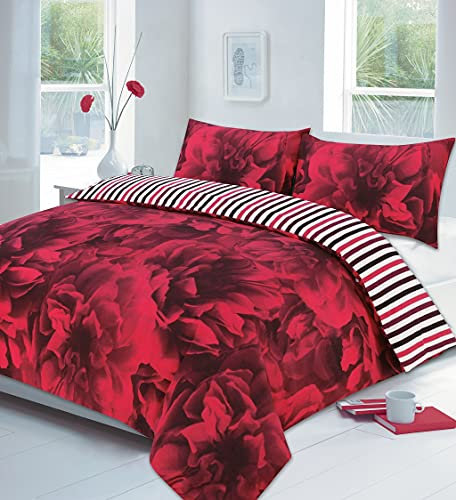 HOME ACE Rose Red Printed King Duvet Cover Set - Easy Care Poly Cotton King Size Quilt Cover Bedding Set - 230CM x 220CM with 2 Pillowcases 50CM x 75CM