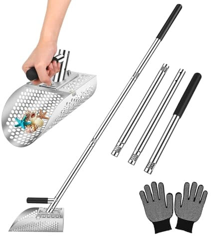 AVOFOREST Long Handle Sand Scoop, Heavy Duty Stainless Steel Metal Detecting Sand Scoop with Long Handle, Sand Scoop Handheld with Long Steel Handle Pole Design, Ideal for Underwater Treasure Hunting