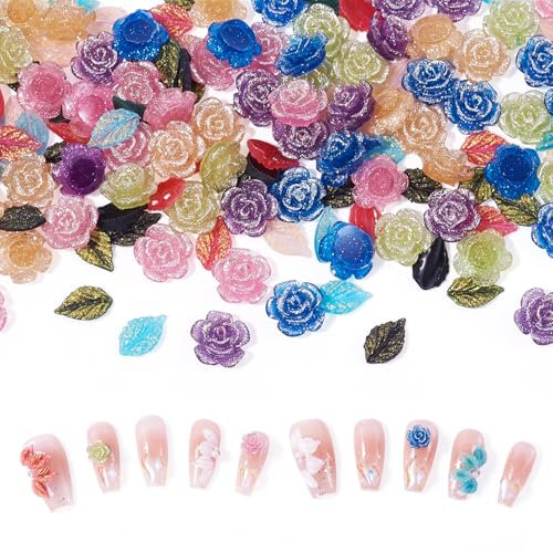 Craftdady 150 Pcs Nail Charms Rose Flower Green Leaf Sparkle Blossom No Hole Flatback Resin Decoden Cabochons for Jewelry Making Bracelet Earrings DIY Crafts