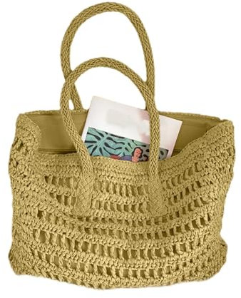 Leichte Strohtasche – handgewebte Strohtasche im Vintage-Stil – große handgefertigte gewebte Umhängetasche für Damen und Mädchen, khaki, Refer to description