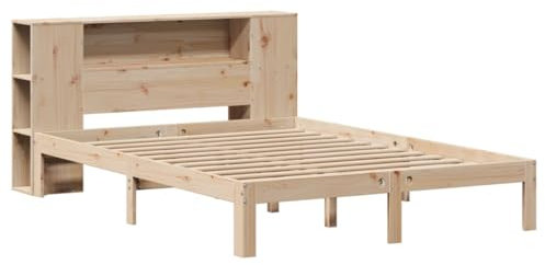 vidaXL Massivholzbett, Bett Kopfteil mit Bücherregal ohne Matratze, Bettgestell mit Lattenrost, Holzbett Doppelbett für Schlafzimmer, 135x190cm Kiefer