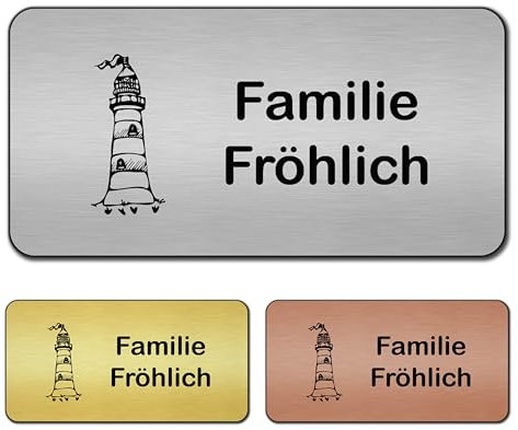 banjado® Türschild Bronze personalisiert/Graviertes Klingelschild selbstklebend oder als Namensschild Briefkasten versch. Größen & Designs/Hausschild personalisiert für Draußen mit Namen Leuchtturm