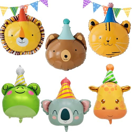 AUNGKWANG 6 Stück Folienballon Tiere, Tierkopf Ballons, XXL Waldtiere Luftballon, Dschungel Deko Geburtstag, Helium Ballons, Party Animals, für Kinder Geburtstag Party Deko