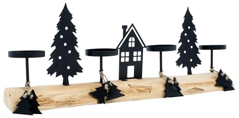 Advents Kerzenständer auf Baumstamm mit Schattenbild - 41 cm - Kerzenhalter mit Baum und Haus Silhouetten aus Metall - Weihnachten Tisch Deko Ständer für Stumpenkerzen Kerzenleuchter rustikal