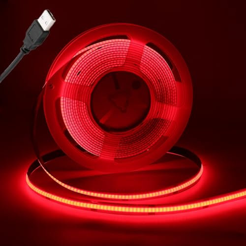 KAFULA 5V COB LED Strip Self-Adhesive [5M,Red], USB Powered, 320 LEDs/m Super Bright Flexible FCOB LED Fairy Lights CRI90+, Can be Cut Every 5cm, Suitable for Bedroom Cabinet Kitchen TV Background