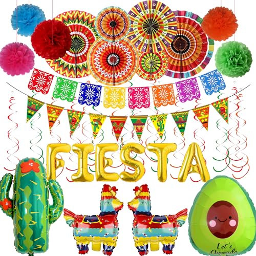 Mexican Party Decorations Fiesta Themed - 32Pcs Cinco De Mayo Party Supplies including Crepe Paper Streamer Multicoloured Fans Pom Poms Flowers Pennant Banner for Day of the Dead Decoration